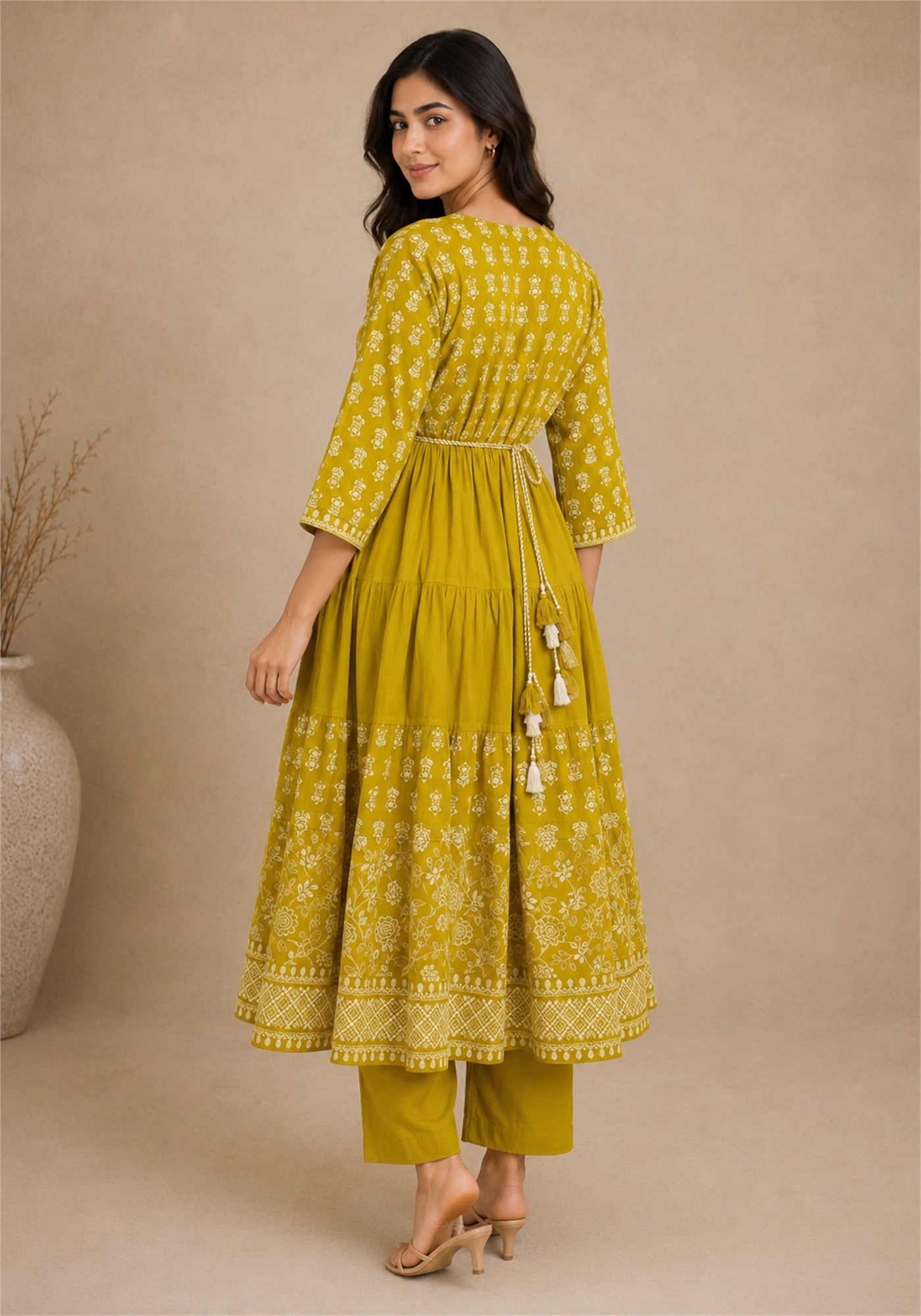 Mustard Yellow Cotton Block Printed Flared Kurta Pant Set with Dupatta - Mustard Yellow with White - view 5