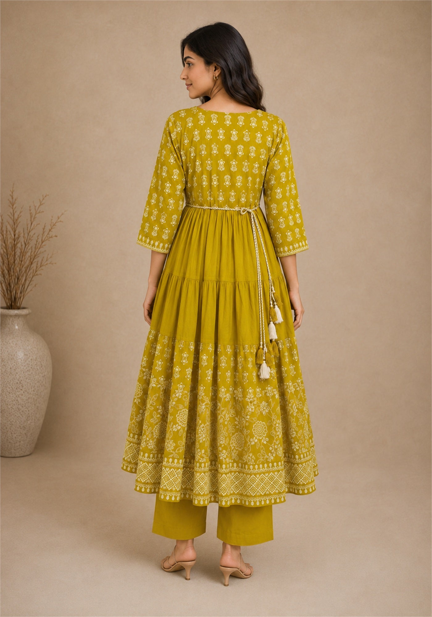 Mustard Yellow Cotton Block Printed Flared Kurta Pant Set with Dupatta - Mustard Yellow with White - view 6