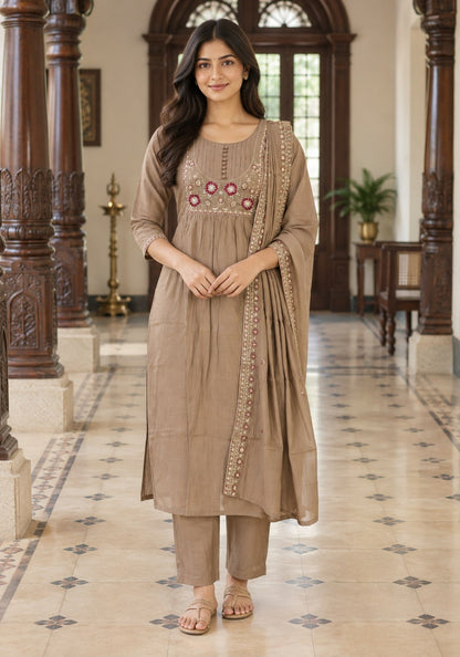 Taupe Brown Cotton Embroidered Kurta Pant Set with Dupatta - Ashoka Threads - K3-D28-26-TBR 1