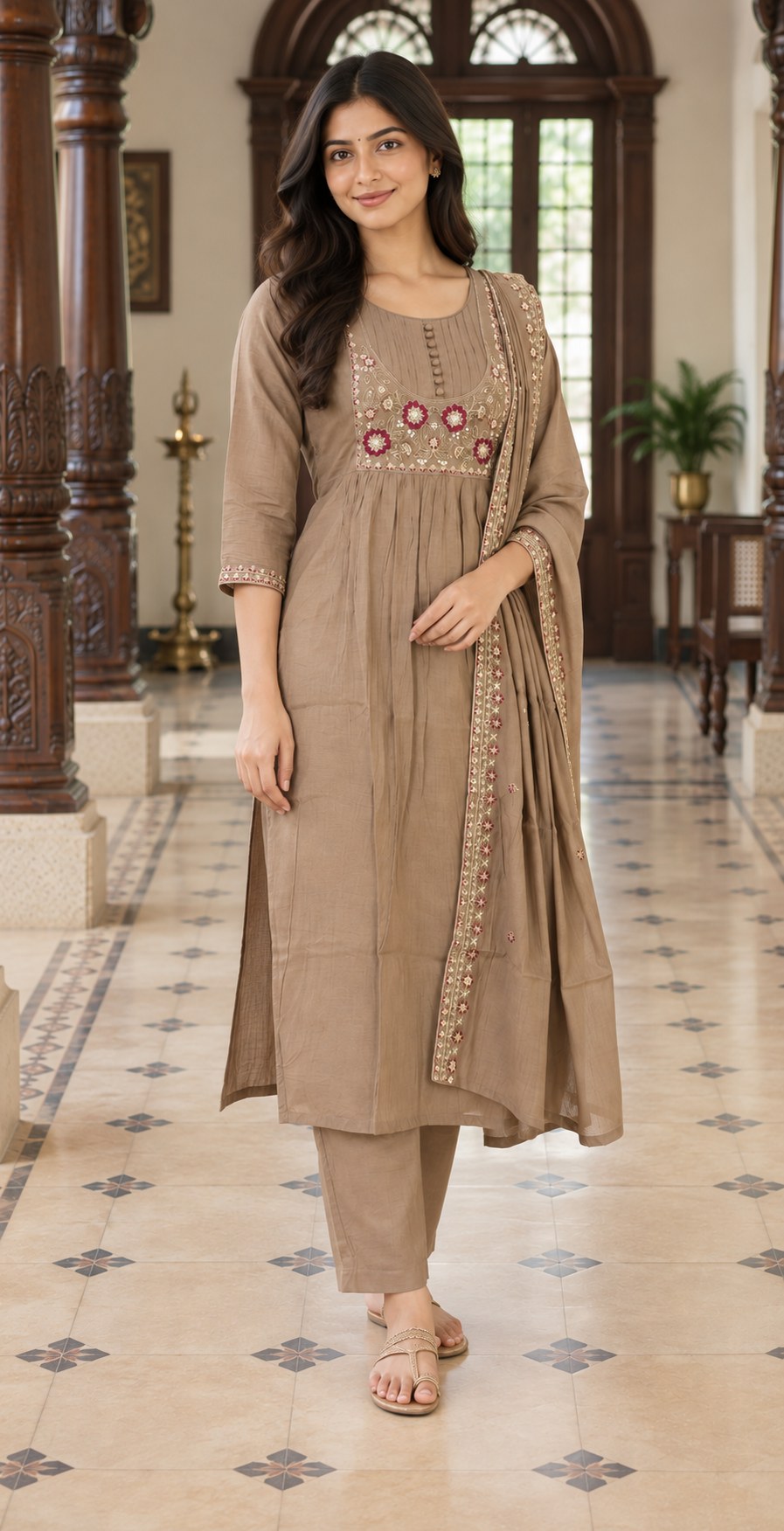Taupe Brown Cotton Embroidered Kurta Pant Set with Dupatta - Ashoka Threads - K3-D28-26-TBR 2