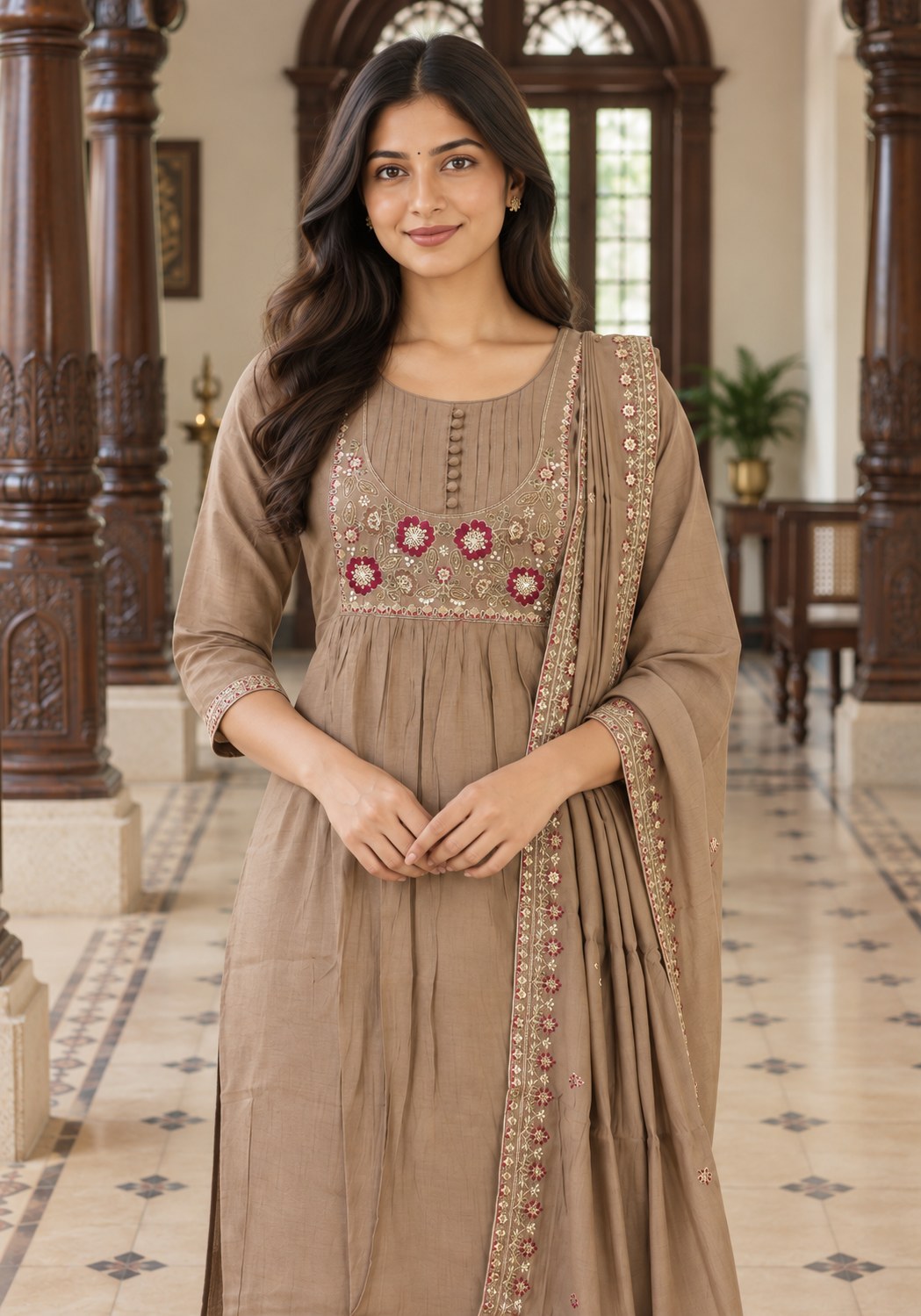 Taupe Brown Cotton Embroidered Kurta Pant Set with Dupatta - Ashoka Threads - K3-D28-26-TBR 3