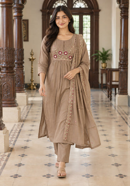 Taupe Brown Cotton Embroidered Kurta Pant Set with Dupatta - Ashoka Threads - K3-D28-26-TBR 4