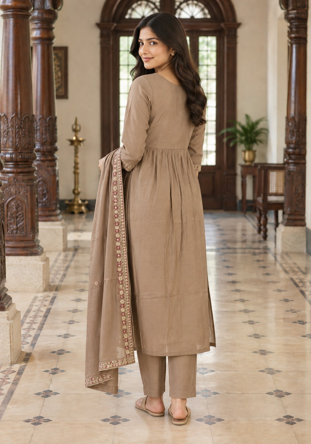 Taupe Brown Cotton Embroidered Kurta Pant Set with Dupatta - Ashoka Threads - K3-D28-26-TBR 5