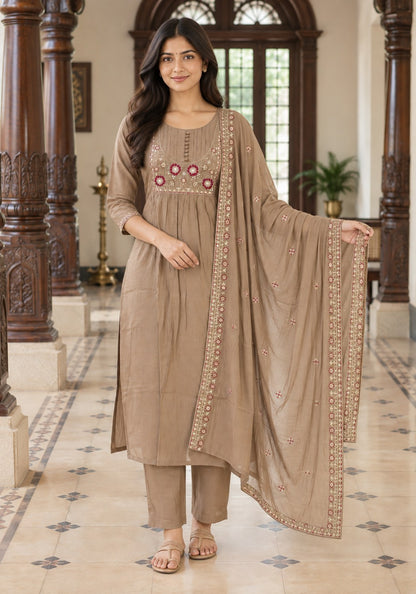 Taupe Brown Cotton Embroidered Kurta Pant Set with Dupatta - Ashoka Threads - K3-D28-26-TBR 6
