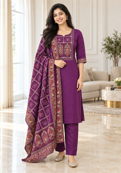 Deep Plum Purple Cotton Embroidered Kurta Pant Set with Dupatta - Ashoka Threads - K3-D29-26-DPP 1