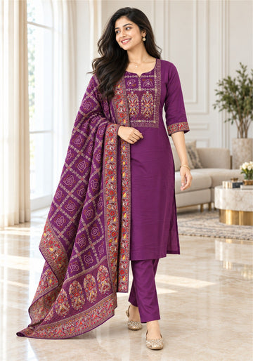 Deep Plum Purple Cotton Embroidered Kurta Pant Set with Dupatta - Ashoka Threads