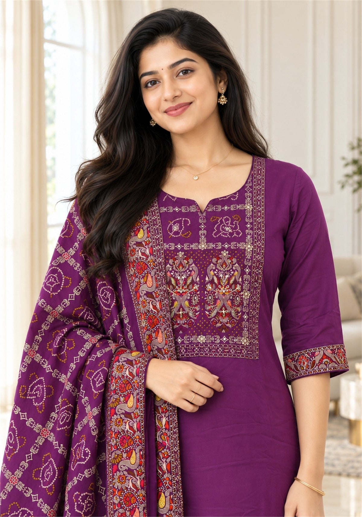 Deep Plum Purple Cotton Embroidered Kurta Pant Set with Dupatta - Ashoka Threads - K3-D29-26-DPP 3