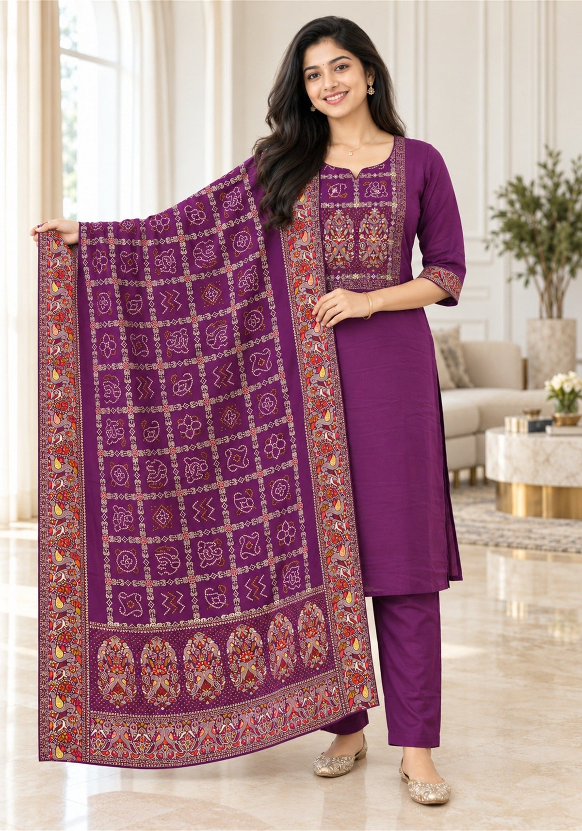Deep Plum Purple Cotton Embroidered Kurta Pant Set with Dupatta - Ashoka Threads - K3-D29-26-DPP 4