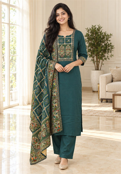 Deep Teal Green Cotton Embroidered Kurta Pant Set with Dupatta - Ashoka Threads - K3-D29-26-DTG 1