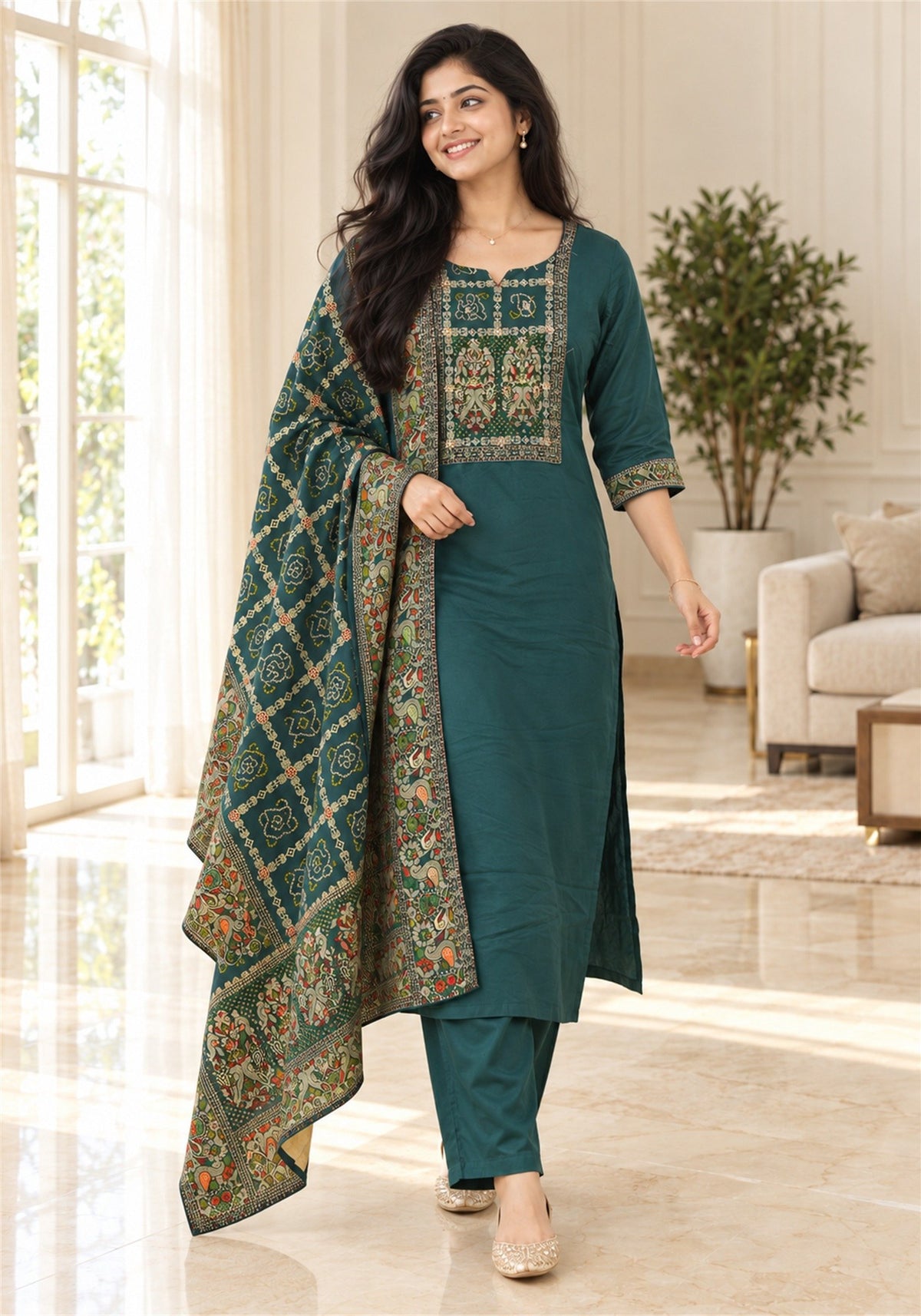 Deep Teal Green Cotton Embroidered Kurta Pant Set with Dupatta - Ashoka Threads - K3-D29-26-DTG 2