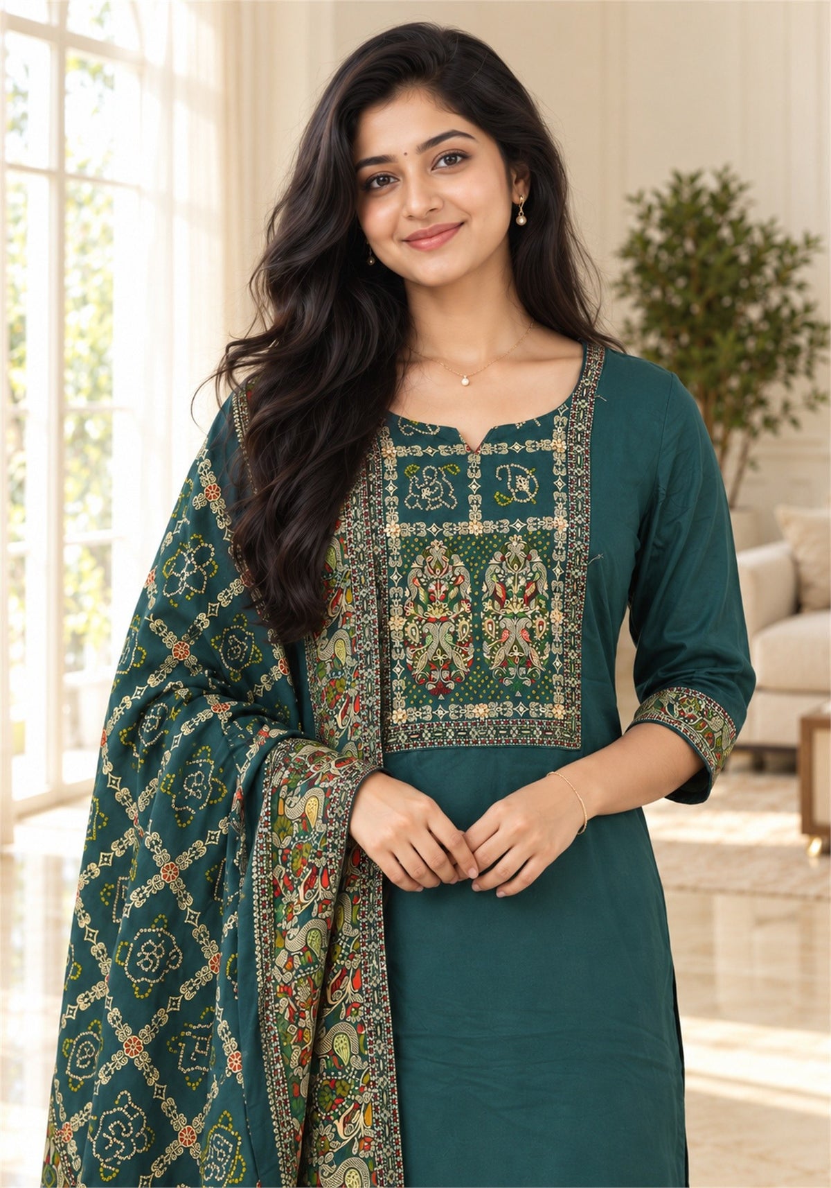 Deep Teal Green Cotton Embroidered Kurta Pant Set with Dupatta - Ashoka Threads - K3-D29-26-DTG 3