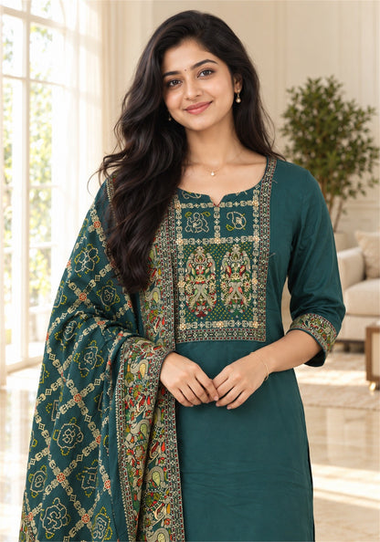 Deep Teal Green Cotton Embroidered Kurta Pant Set with Dupatta - Ashoka Threads - K3-D29-26-DTG 3