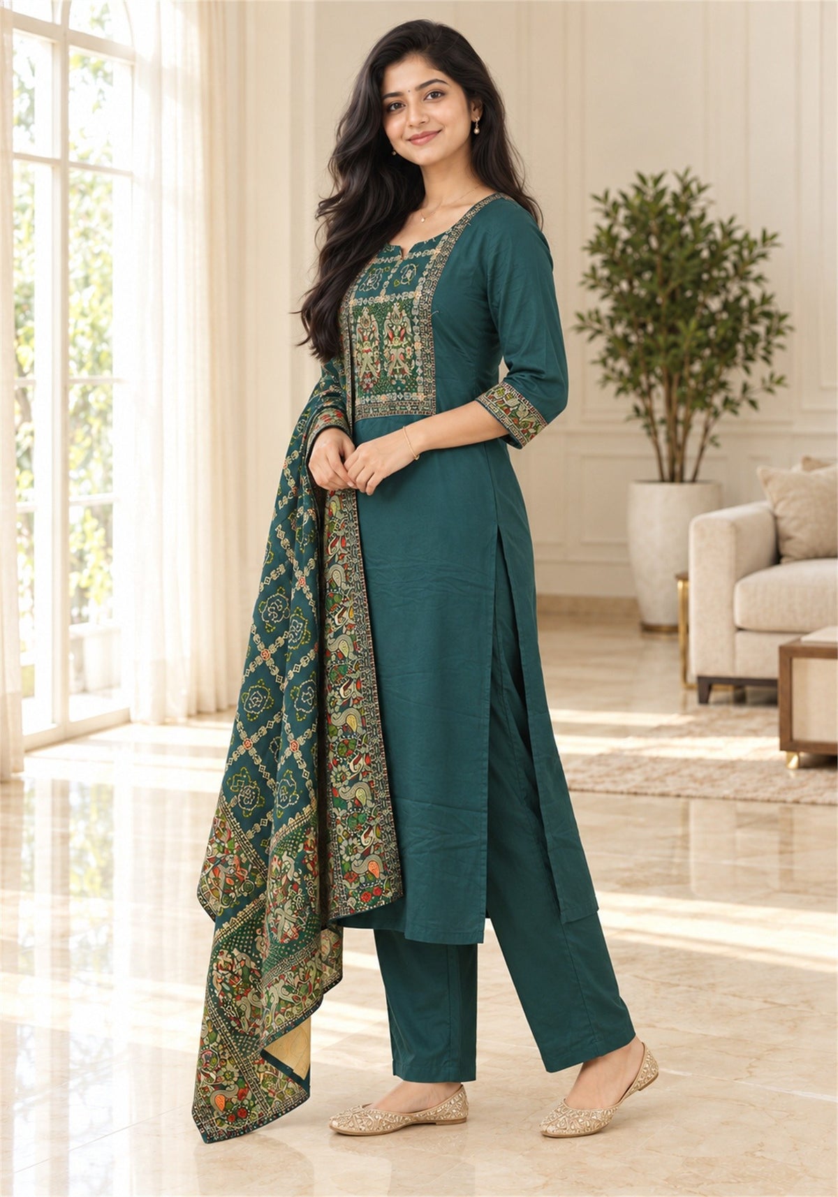 Deep Teal Green Cotton Embroidered Kurta Pant Set with Dupatta - Ashoka Threads - K3-D29-26-DTG 4