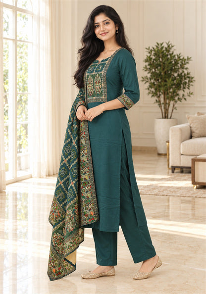 Deep Teal Green Cotton Embroidered Kurta Pant Set with Dupatta - Ashoka Threads - K3-D29-26-DTG 4