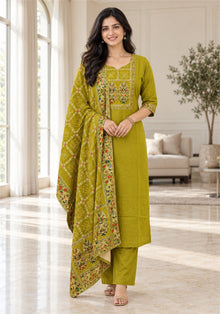 Mustard Yellow Cotton Embroidered Kurta Pant Set with Dupatta - Ashoka Threads