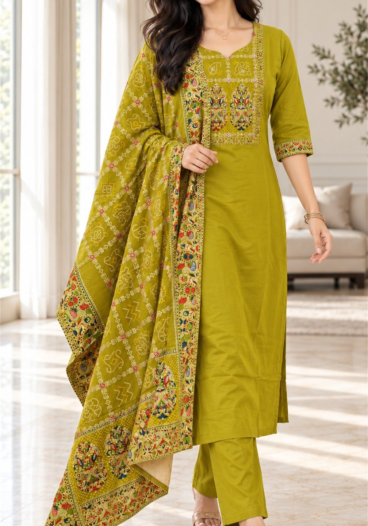 Mustard Yellow Cotton Embroidered Kurta Pant Set with Dupatta - Ashoka Threads - K3-D29-26-MUY 2