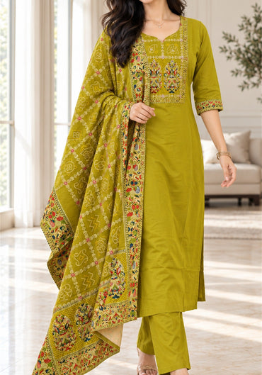 Mustard Yellow Cotton Embroidered Kurta Pant Set with Dupatta - Ashoka Threads - K3-D29-26-MUY 2