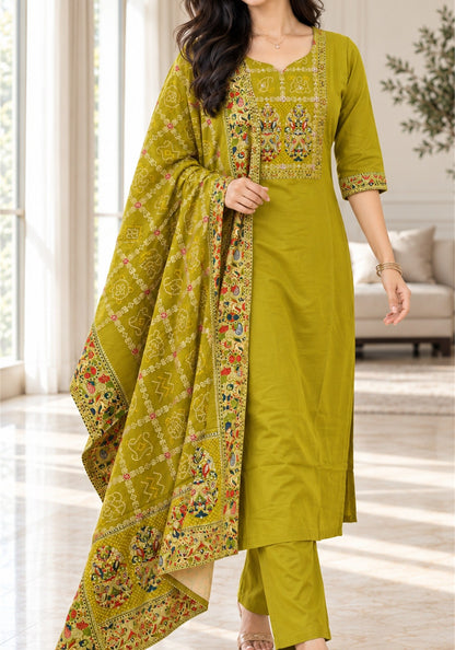 Mustard Yellow Cotton Embroidered Kurta Pant Set with Dupatta - Ashoka Threads - K3-D29-26-MUY 2