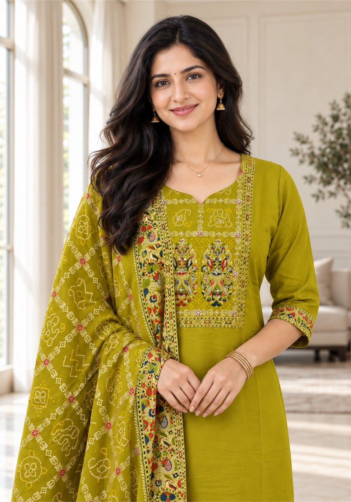 Mustard Yellow Cotton Embroidered Kurta Pant Set with Dupatta - Ashoka Threads - K3-D29-26-MUY 3