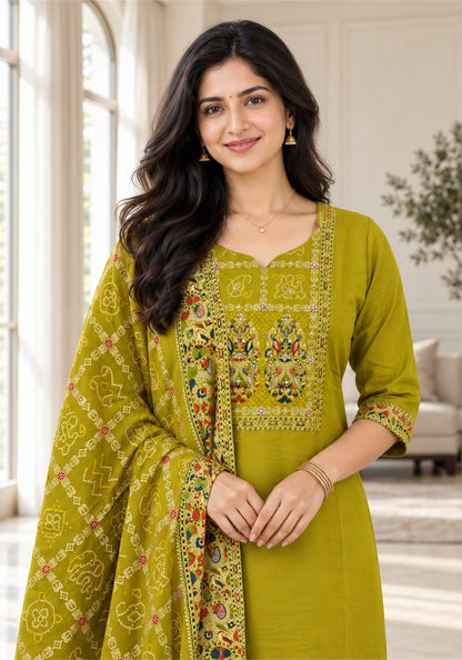 Mustard Yellow Cotton Embroidered Kurta Pant Set with Dupatta - Ashoka Threads - K3-D29-26-MUY 3