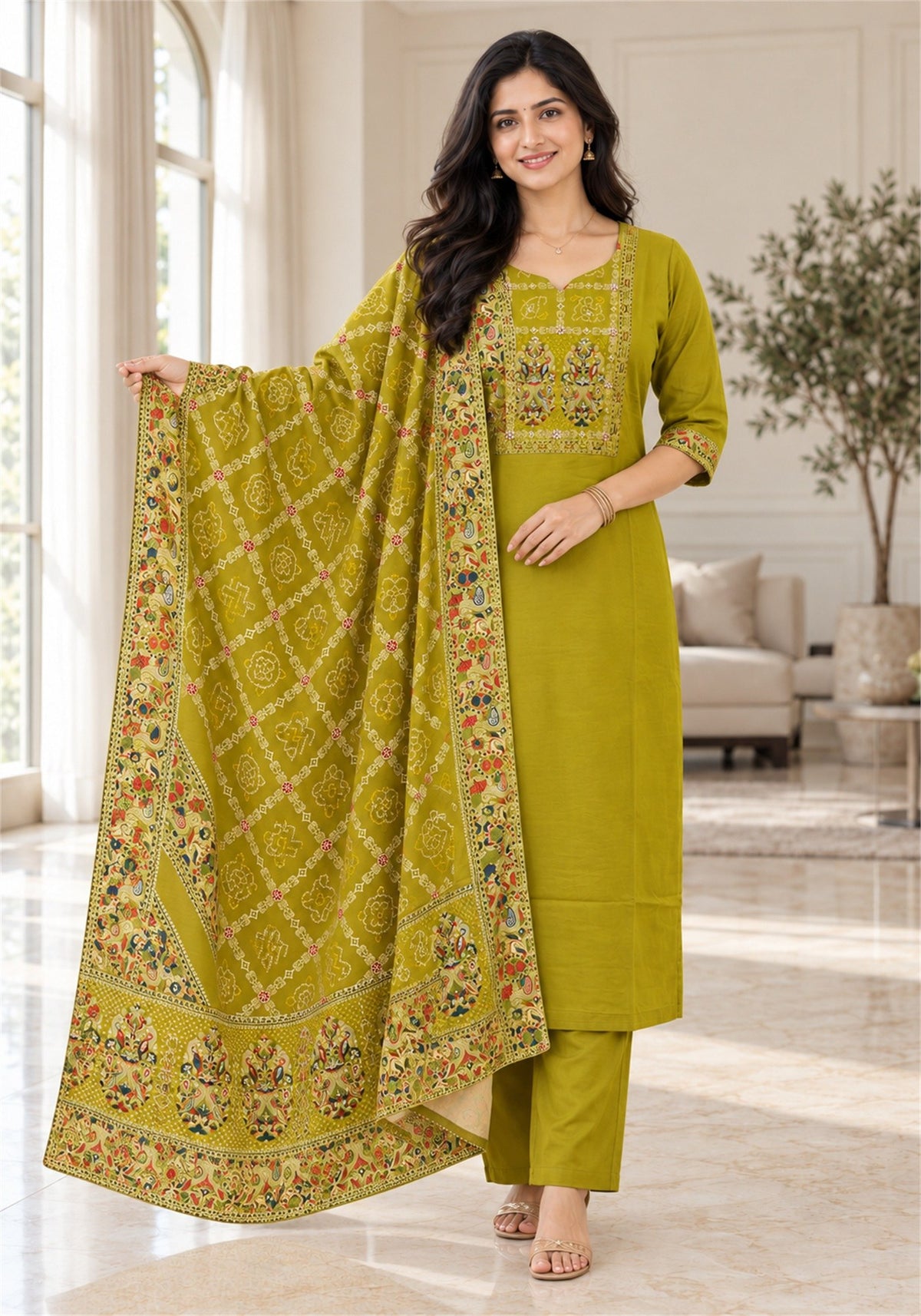 Mustard Yellow Cotton Embroidered Kurta Pant Set with Dupatta - Ashoka Threads - K3-D29-26-MUY 4