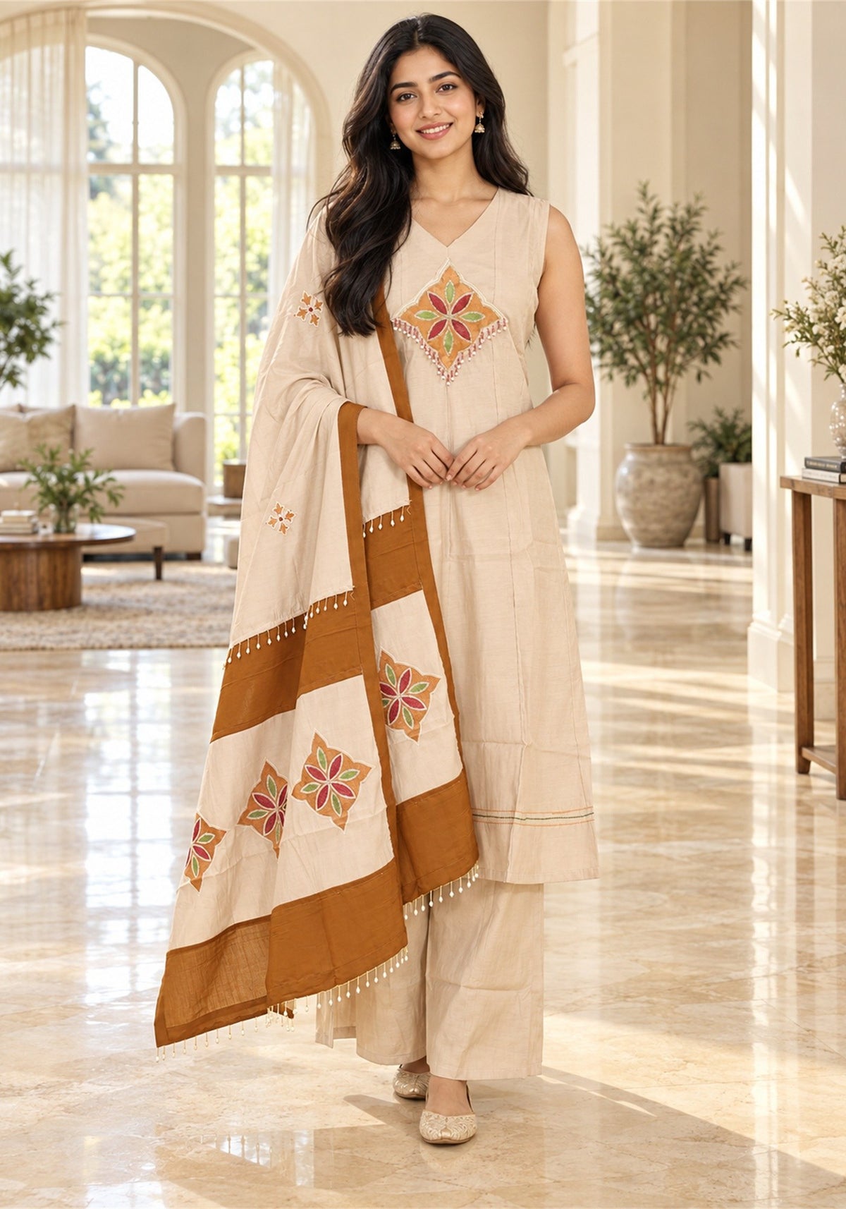 Light Peach Rust Brown Cotton Kurta Pant Set with Dupatta - Ashoka Threads - K3-D30-26-LPB 1