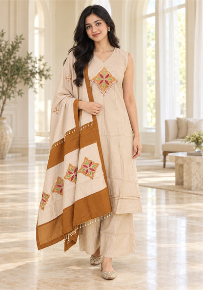 Light Peach Rust Brown Cotton Kurta Pant Set with Dupatta - Ashoka Threads - K3-D30-26-LPB 2