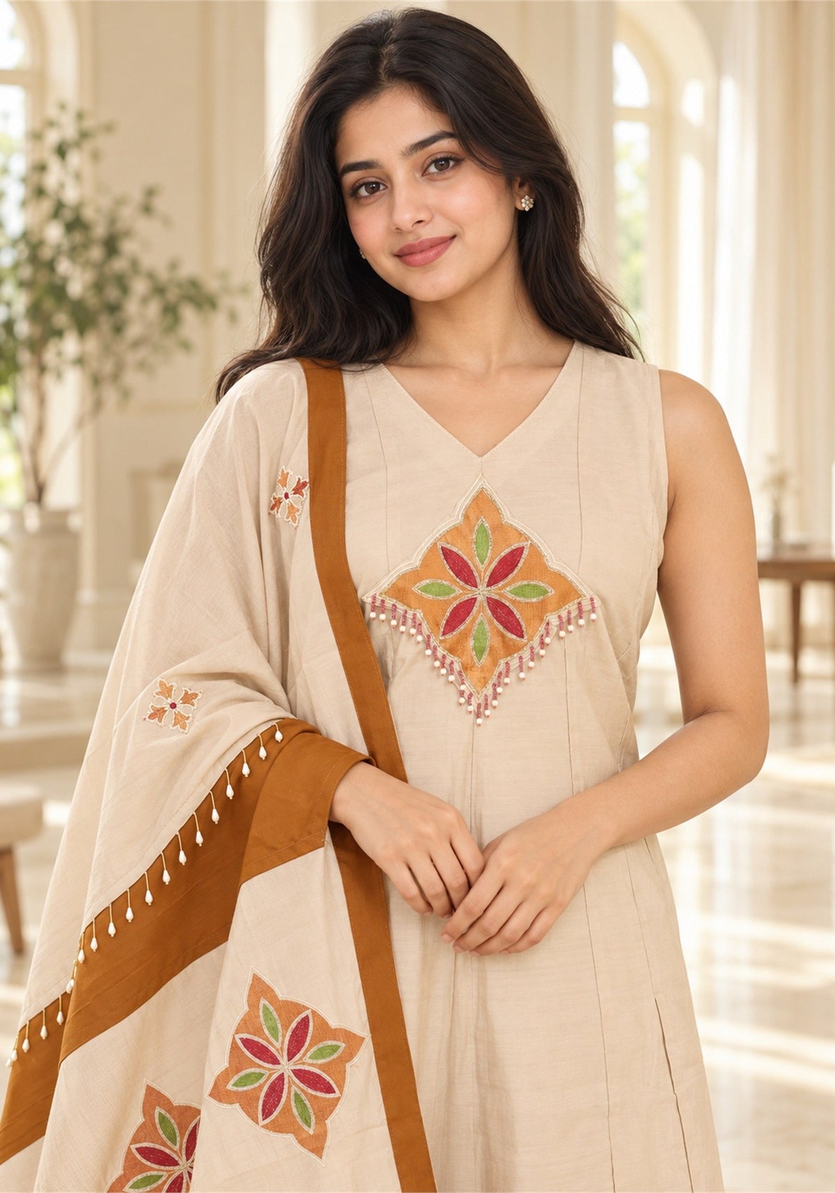 Light Peach Rust Brown Cotton Kurta Pant Set with Dupatta - Ashoka Threads - K3-D30-26-LPB 3