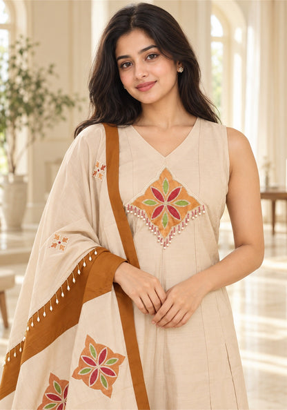 Light Peach Rust Brown Cotton Kurta Pant Set with Dupatta - Ashoka Threads - K3-D30-26-LPB 3
