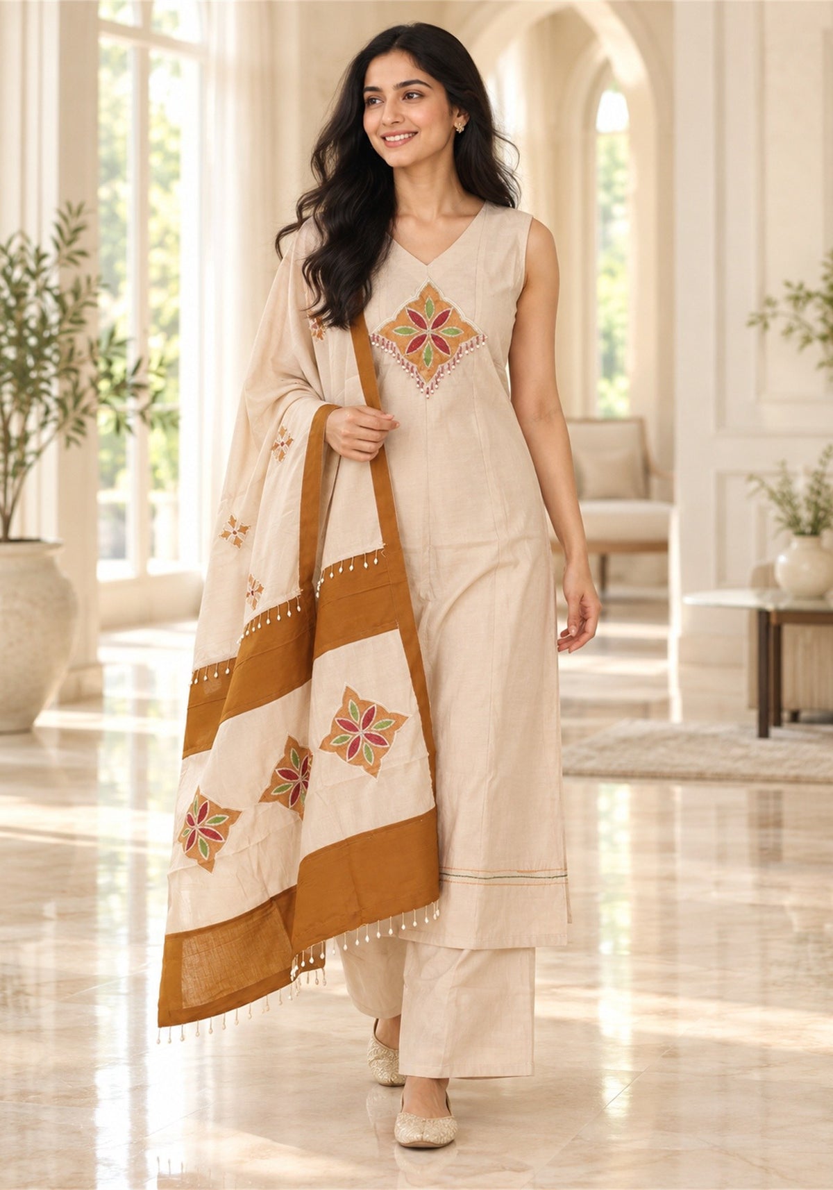 Light Peach Rust Brown Cotton Kurta Pant Set with Dupatta - Ashoka Threads - K3-D30-26-LPB 4