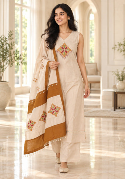 Light Peach Rust Brown Cotton Kurta Pant Set with Dupatta - Ashoka Threads - K3-D30-26-LPB 4