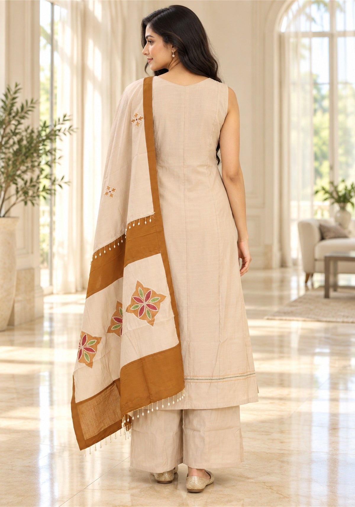 Light Peach Rust Brown Cotton Kurta Pant Set with Dupatta - Ashoka Threads - K3-D30-26-LPB 5