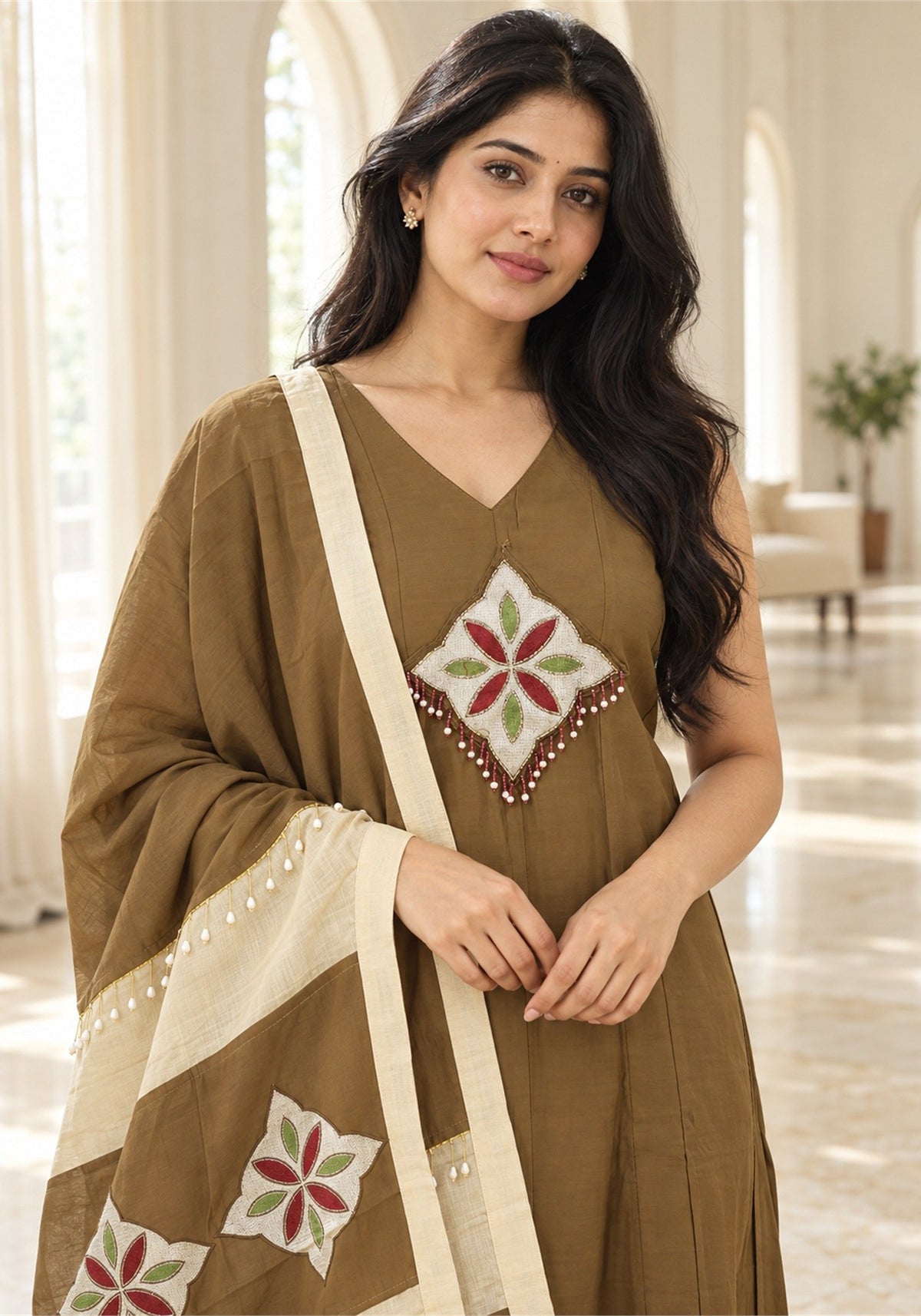 Olive Brown Cream Cotton Kurta Pant Set with Dupatta - Ashoka Threads - K3-D30-26-OBC 2
