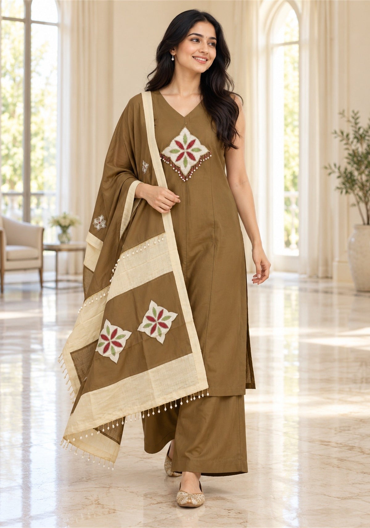 Olive Brown Cream Cotton Kurta Pant Set with Dupatta - Ashoka Threads - K3-D30-26-OBC 3