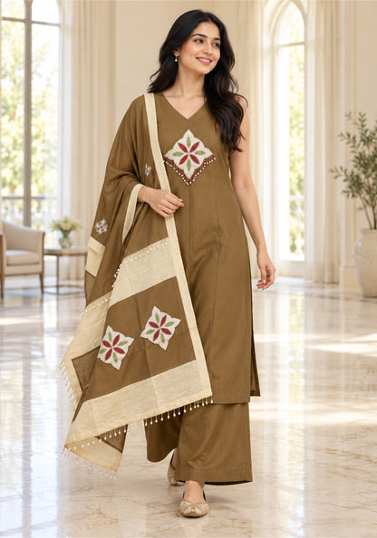 Olive Brown Cream Cotton Kurta Pant Set with Dupatta - Ashoka Threads - K3-D30-26-OBC 3
