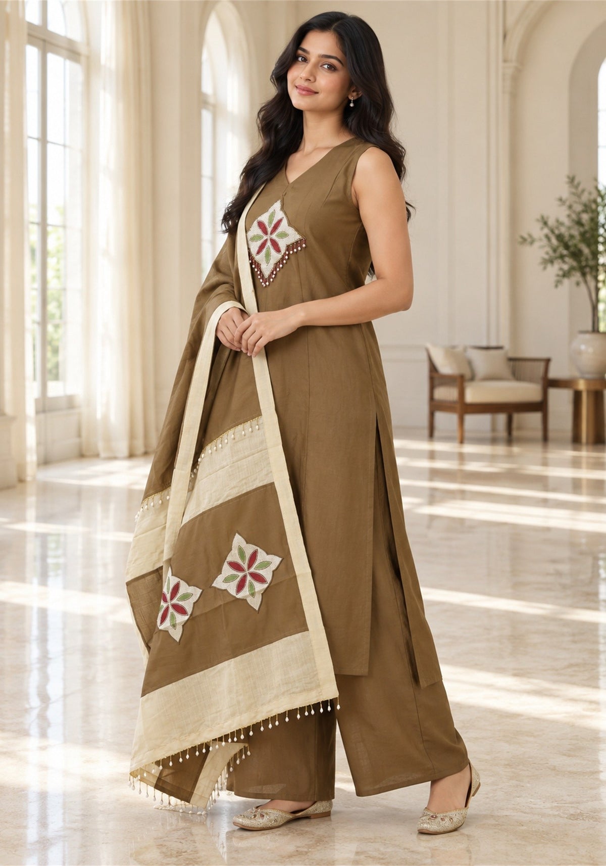 Olive Brown Cream Cotton Kurta Pant Set with Dupatta - Ashoka Threads - K3-D30-26-OBC 4