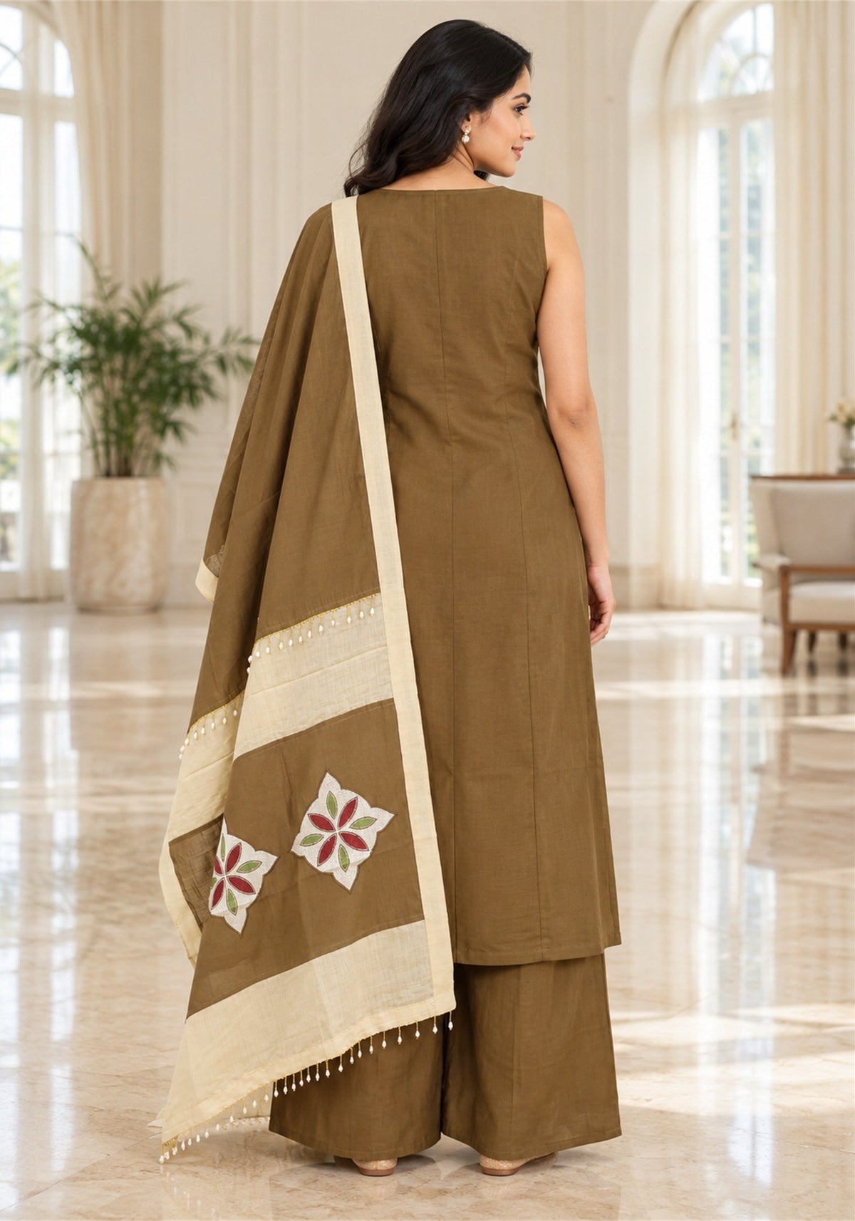 Olive Brown Cream Cotton Kurta Pant Set with Dupatta - Ashoka Threads - K3-D30-26-OBC 5