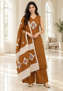 Rust Brown Cream Cotton Kurta Pant Set with Dupatta - Ashoka Threads