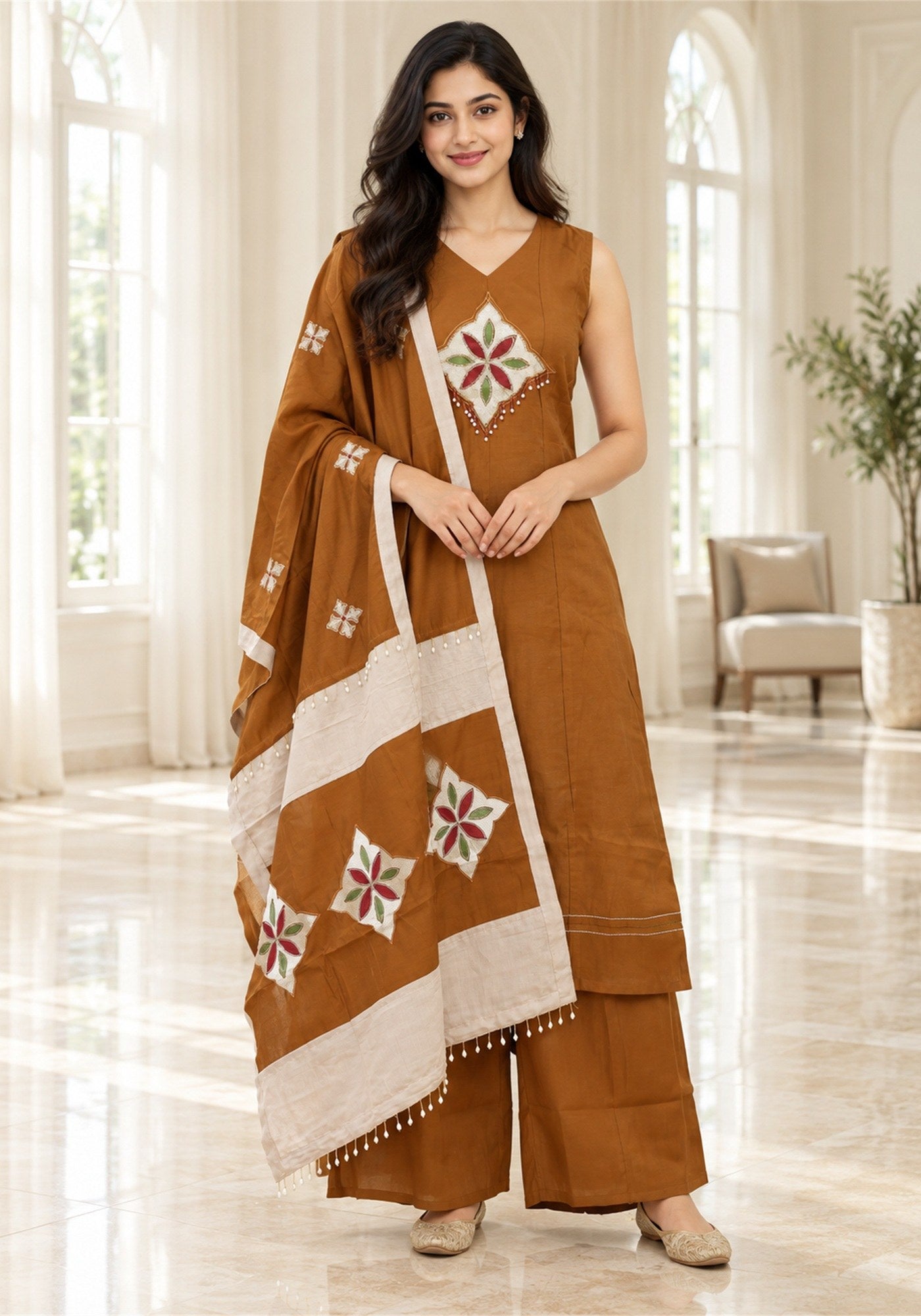 Rust Brown Cream Cotton Kurta Pant Set with Dupatta - Ashoka Threads - K3-D30-26-RBC 1