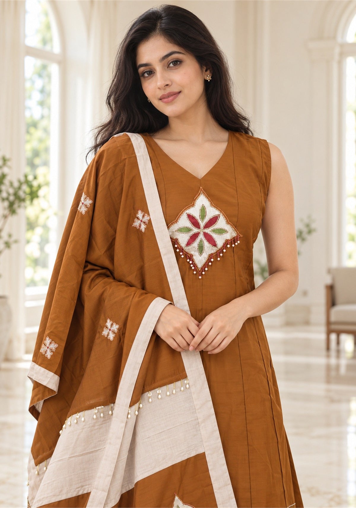 Rust Brown Cream Cotton Kurta Pant Set with Dupatta - Ashoka Threads - K3-D30-26-RBC 2