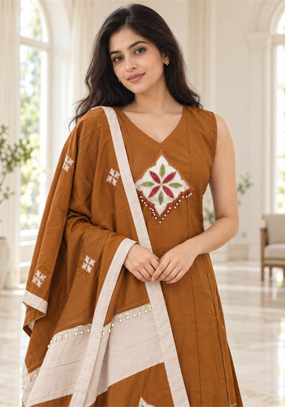 Rust Brown Cream Cotton Kurta Pant Set with Dupatta - Ashoka Threads - K3-D30-26-RBC 2