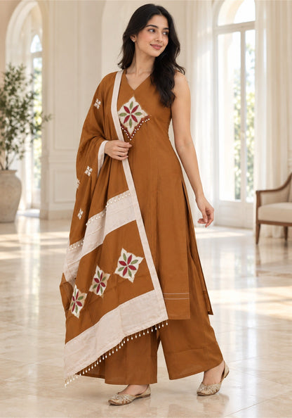 Rust Brown Cream Cotton Kurta Pant Set with Dupatta - Ashoka Threads - K3-D30-26-RBC 3