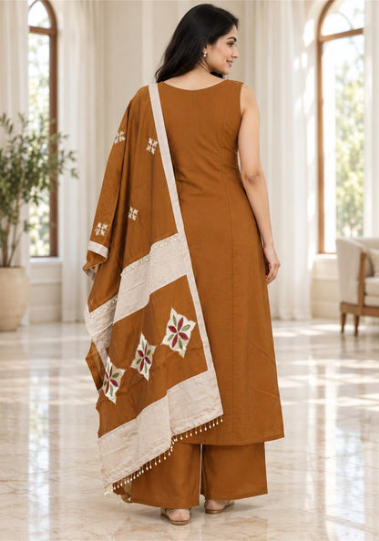 Rust Brown Cream Cotton Kurta Pant Set with Dupatta - Ashoka Threads - K3-D30-26-RBC 4