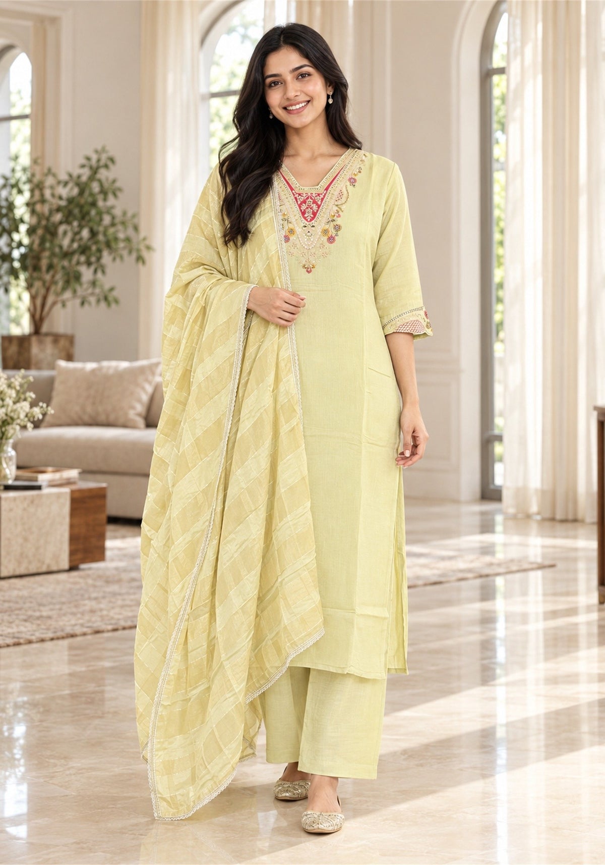 Pale Lemon Yellow Cotton Kurta Pant Set with Dupatta - Ashoka Threads - K3-D31-26-PLY 1