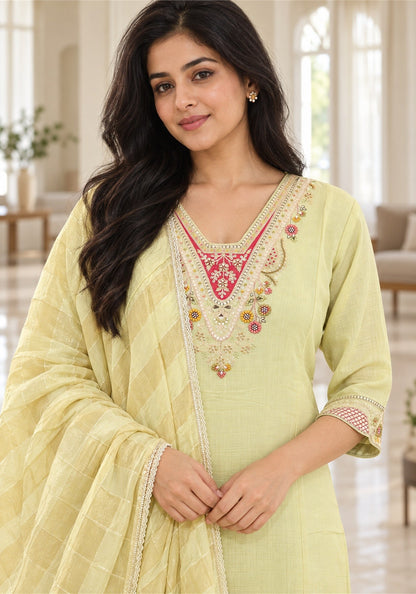 Pale Lemon Yellow Cotton Kurta Pant Set with Dupatta - Ashoka Threads - K3-D31-26-PLY 2