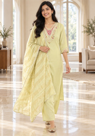 Pale Lemon Yellow Cotton Kurta Pant Set with Dupatta - Ashoka Threads - K3-D31-26-PLY 3
