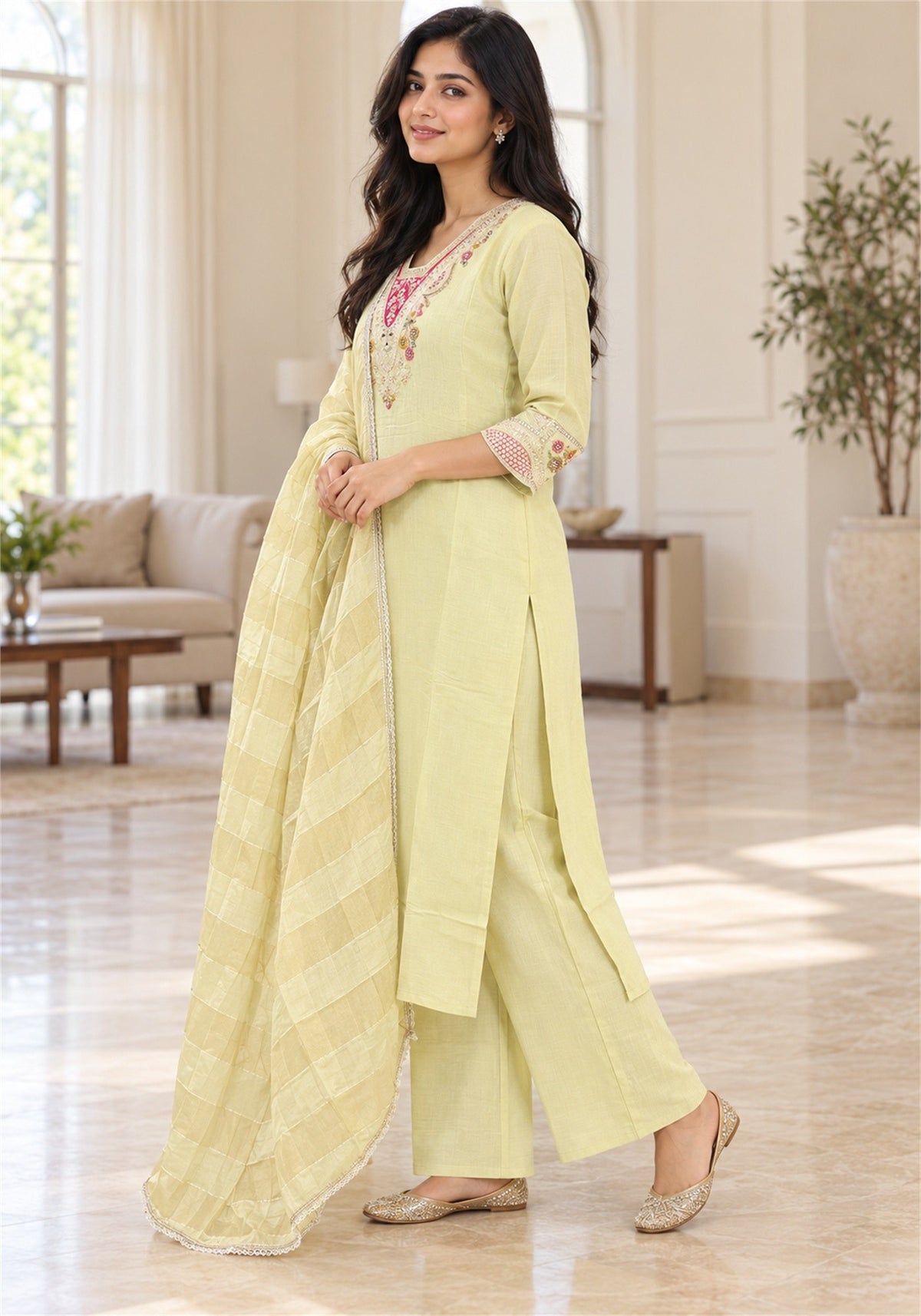 Pale Lemon Yellow Cotton Kurta Pant Set with Dupatta - Ashoka Threads - K3-D31-26-PLY 4