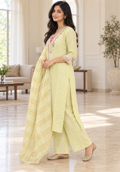 Pale Lemon Yellow Cotton Kurta Pant Set with Dupatta - Ashoka Threads - K3-D31-26-PLY 4