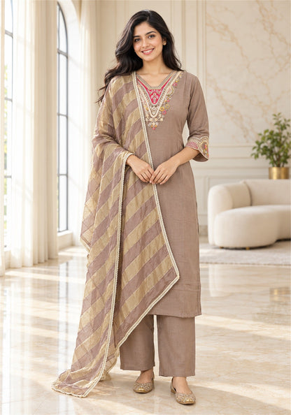 Taupe Brown Cotton Kurta Pant Set with Dupatta - Ashoka Threads - K3-D31-26-TBR 1