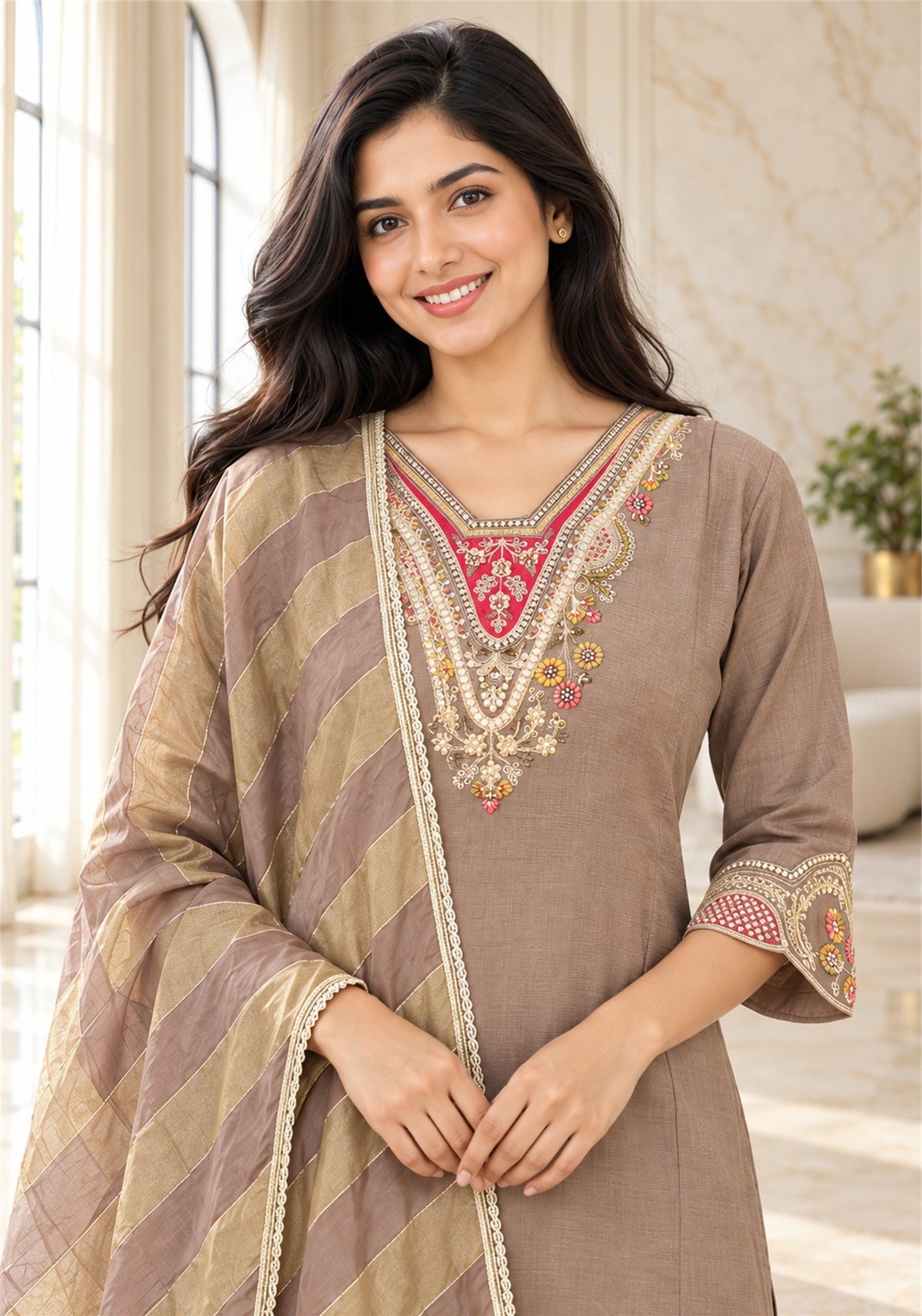 Taupe Brown Cotton Kurta Pant Set with Dupatta - Ashoka Threads - K3-D31-26-TBR 2